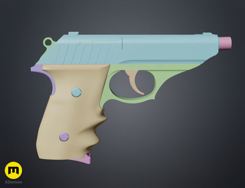 Color-coded assembly guide side view render of Grace Ashcroft Handgun RE Requiem STL parts blue slide green frame tan grip pink barrel tip
