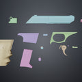 Color-coded assembly front-quarter isometric render of Grace Ashcroft Handgun RE Requiem showing muzzle slide trigger assembly color-separated