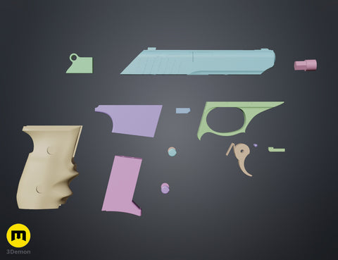 Color-coded assembly front-quarter isometric render of Grace Ashcroft Handgun RE Requiem showing muzzle slide trigger assembly color-separated