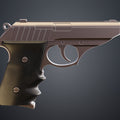 Painted 3D render side profile of Grace Ashcroft Handgun RE Requiem brushed silver slide matte black frame dark brown ergonomic grip