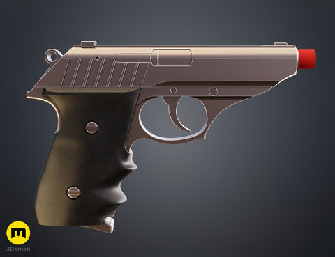 Painted 3D render side profile of Grace Ashcroft Handgun RE Requiem brushed silver slide matte black frame dark brown ergonomic grip