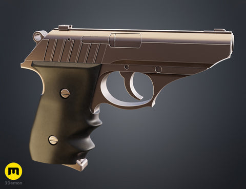 Painted 3D render front-quarter view of Grace Ashcroft Handgun RE Requiem showing metallic finish grip detail trigger area magazine base
