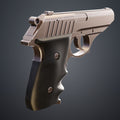 Painted 3D render rear-quarter view of Grace Ashcroft Handgun RE Requiem showing hammer hammer guard and ergonomic grip contours