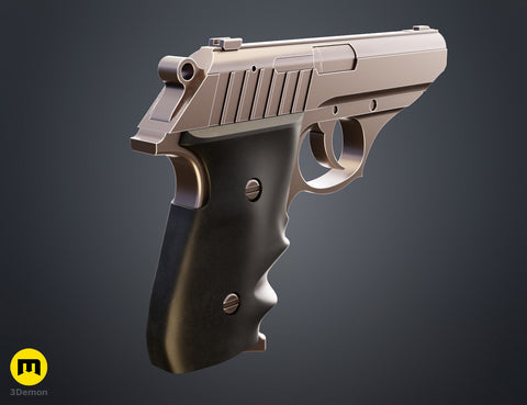 Painted 3D render rear-quarter view of Grace Ashcroft Handgun RE Requiem showing hammer hammer guard and ergonomic grip contours