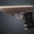 Painted 3D render side view of Grace Ashcroft Handgun RE Requiem contrasting silver upper assembly with dark textured frame and grip