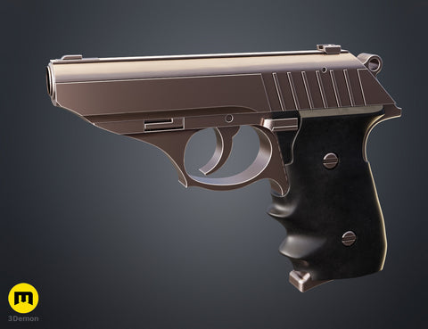 Painted 3D render side view of Grace Ashcroft Handgun RE Requiem contrasting silver upper assembly with dark textured frame and grip