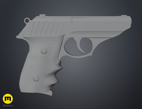 Wireframe mesh render side profile of Grace Ashcroft Handgun RE Requiem STL showing polygon topology and mesh density