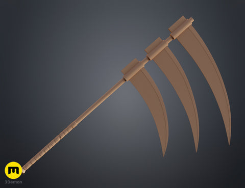 Painted 3D render of Hidan Scythe - Naruto, curved blade with dual-edge design, 3D print cosplay prop.