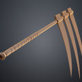 Hidan Scythe - Naruto STL, golden 3D printed cosplay weapon, side view