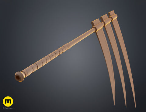 Hidan Scythe - Naruto STL, golden 3D printed cosplay weapon, side view