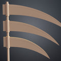 CAD render of Hidan Scythe - Naruto, curved blade trio on dark background, 3D print cosplay weapon.