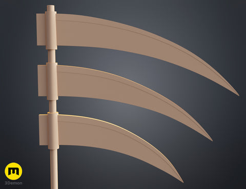 CAD render of Hidan Scythe - Naruto, curved blade trio on dark background, 3D print cosplay weapon.