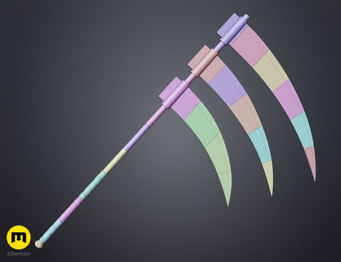 CGI render of Hidan Scythe - Naruto, purple-hilted curved blades, 3D print cosplay prop.
