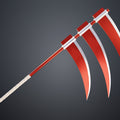 Digital 3D render of Hidan Scythe - Naruto, red and white curved blade, 3D print cosplay prop.