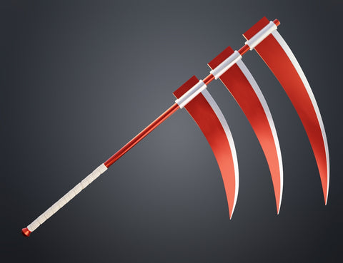 Digital 3D render of Hidan Scythe - Naruto, red and white curved blade, 3D print cosplay prop.