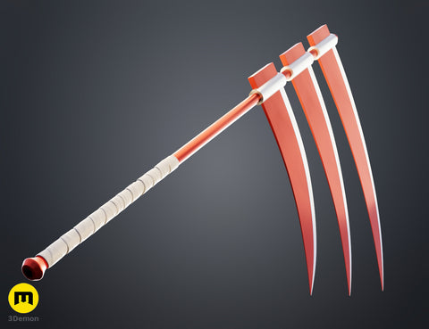 Printable 3D model of Hidan Scythe - Naruto, red and white 3D print cosplay weapon, side view.