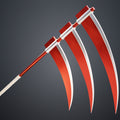Rendered 3D model of Hidan Scythe - Naruto, red and white curved blades, 3D print cosplay weapon.