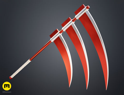 Rendered 3D model of Hidan Scythe - Naruto, red and white curved blades, 3D print cosplay weapon.