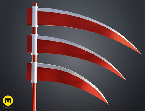 3D visualization of Hidan Scythe - Naruto, red curved blade 3D print cosplay prop, side view