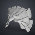 Wireframe mesh render of the patriot hero's Eagle Shoulder armor STL, grey grainy mesh, 5-pronged shoulder armor.