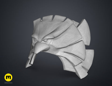 Wireframe mesh render of the patriot hero's Eagle Shoulder armor STL, grey grainy mesh, 5-pronged shoulder armor.