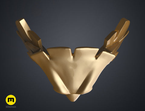 Digital 3D render of the patriot hero’s Eagle Shoulder armor STL, gold two-pronged cosplay prop.