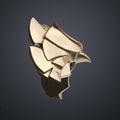 Digital 3D render of the patriot hero’s Eagle Shoulder armor STL, gold metallic 3D printed cosplay prop.