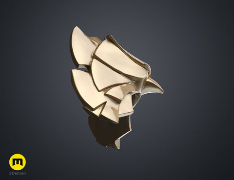 Digital 3D render of the patriot hero’s Eagle Shoulder armor STL, gold metallic 3D printed cosplay prop.