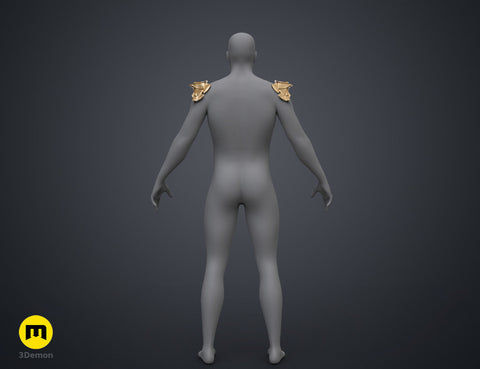 3D model render of the patriot hero's Eagle Shoulder armor STL, gold winged shoulder pads, 2-part cosplay prop.