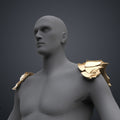Digital 3D render of the patriot hero’s Eagle Shoulder armor STL, gold pronged pauldrons, 3D print cosplay prop.