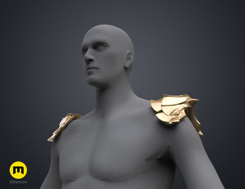 Digital 3D render of the patriot hero’s Eagle Shoulder armor STL, gold pronged pauldrons, 3D print cosplay prop.