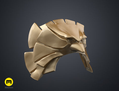Textured 3D render of the patriot hero’s Eagle Shoulder armor STL, gold metallic eagle head with sharp beak.