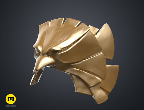 Textured 3D render of the patriot hero’s Eagle Shoulder armor STL, gold metallic 3D printed cosplay prop.