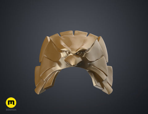 Textured 3D render of the patriot hero’s Eagle Shoulder armor STL, gold metallic, segmented shoulder armor.