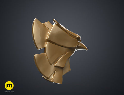 Textured 3D render of the patriot hero's Eagle Shoulder armor, gold metallic, 3-pronged STL.