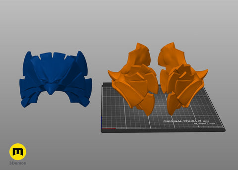 Slicer screenshot of the patriot hero's Eagle Shoulder armor STL, orange and blue 3D print parts on Prusa bed.