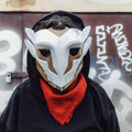 Photo of 3D printed Ekko Firelighter Mask from Arcane on Prusa XL printer bed showing white and copper bronze components with V-shape forehead