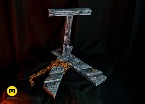 Lifestyle photo of 3D printed Shield Saw display stand alone painted dark grey weathered wood texture with rusty chain