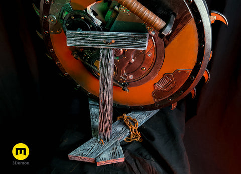 Lifestyle photo side profile view of 3D printed Doom Shield Saw prop on display stand showing depth and mechanical center