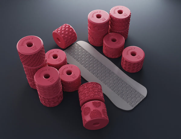 3D render collection of all 16 Japanese pattern middle texture rollers with handle showing various traditional Japanese geometric patterns on white cylindrical wheels
