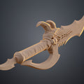 3D print preview of Solo Leveling Kasaka's Venom Fang, beige 3D printed cosplay prop, side view with intricate handle...