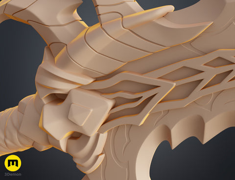 Digital 3D render of Solo Leveling Kasaka's Venom Fang, beige 3D printed cosplay prop, close-up of textured arm detail