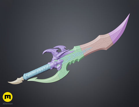 STL preview of Solo Leveling Kasaka's Venom Fang, purple and green 3D print cosplay prop, side view