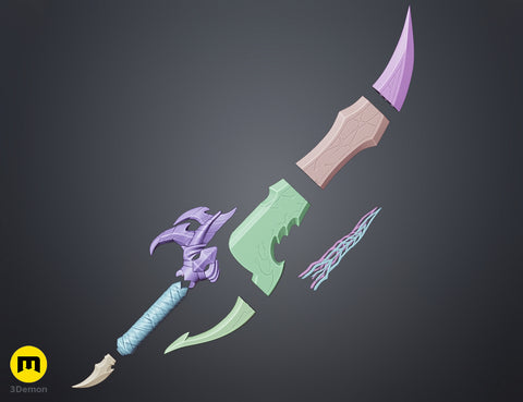 3D visualization of Solo Leveling Kasaka's Venom Fang, disassembled parts, 3D print cosplay prop