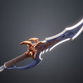 Rendered 3D model of Solo Leveling Kasaka's Venom Fang, curved sword with copper and brown details, blue blade with b...