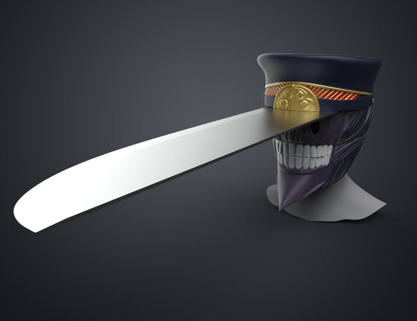 Textured 3D render of Katana Man Helmet - Chainsaw Man, purple skull with gold captain hat and white blade.