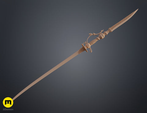 Clay render of Lady Maria Rakuyo Blade Bloodborne full connected weapon top-down angle tan material showing symmetry and sculptural form