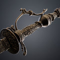 Clay render of Lady Maria Rakuyo Blade Bloodborne full connected weapon tan material highlighting intricate hilt scrollwork and handle detail