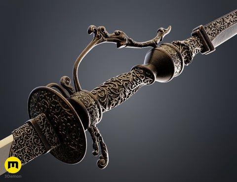 Clay render of Lady Maria Rakuyo Blade Bloodborne full connected weapon tan material highlighting intricate hilt scrollwork and handle detail