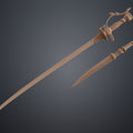 Painted 3D render perspective of Lady Maria Rakuyo Blade Bloodborne showing full length saber blade reach and ornate hilt decorative depth